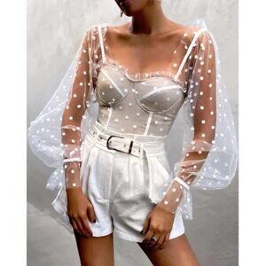 RNWY Chloe Sheer Polka Dot Crop Top in White Spot